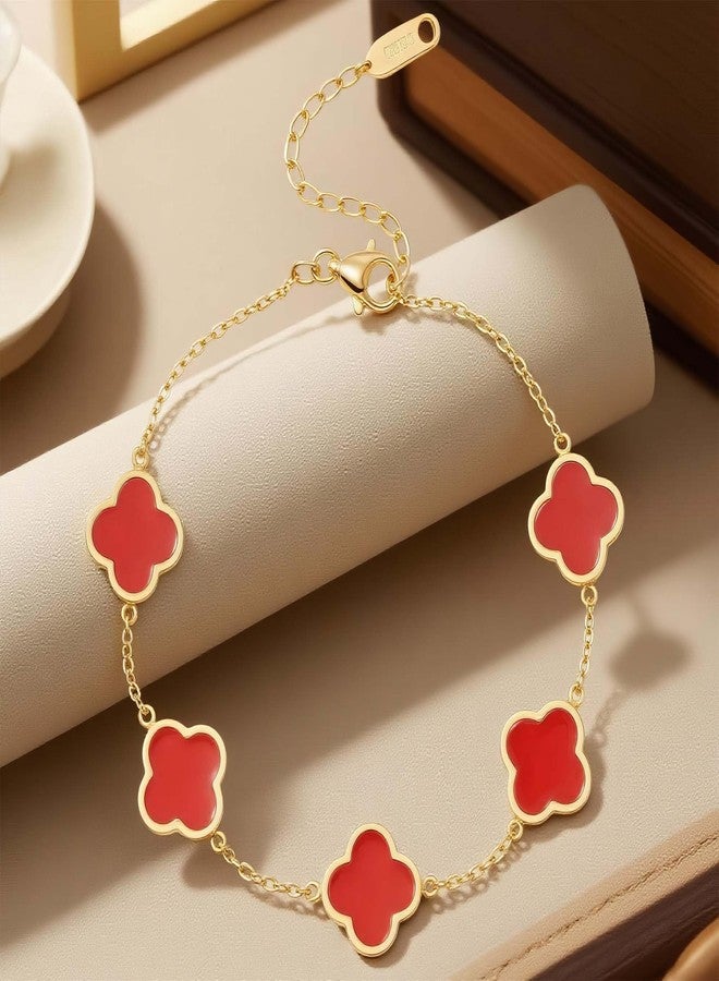 Chiorgone Four-Leaf Clover Bracelet for Women - 18K Gold Plated Titanium Steel Lucky Charm Adjustable Jewelry (Red) - Image 5